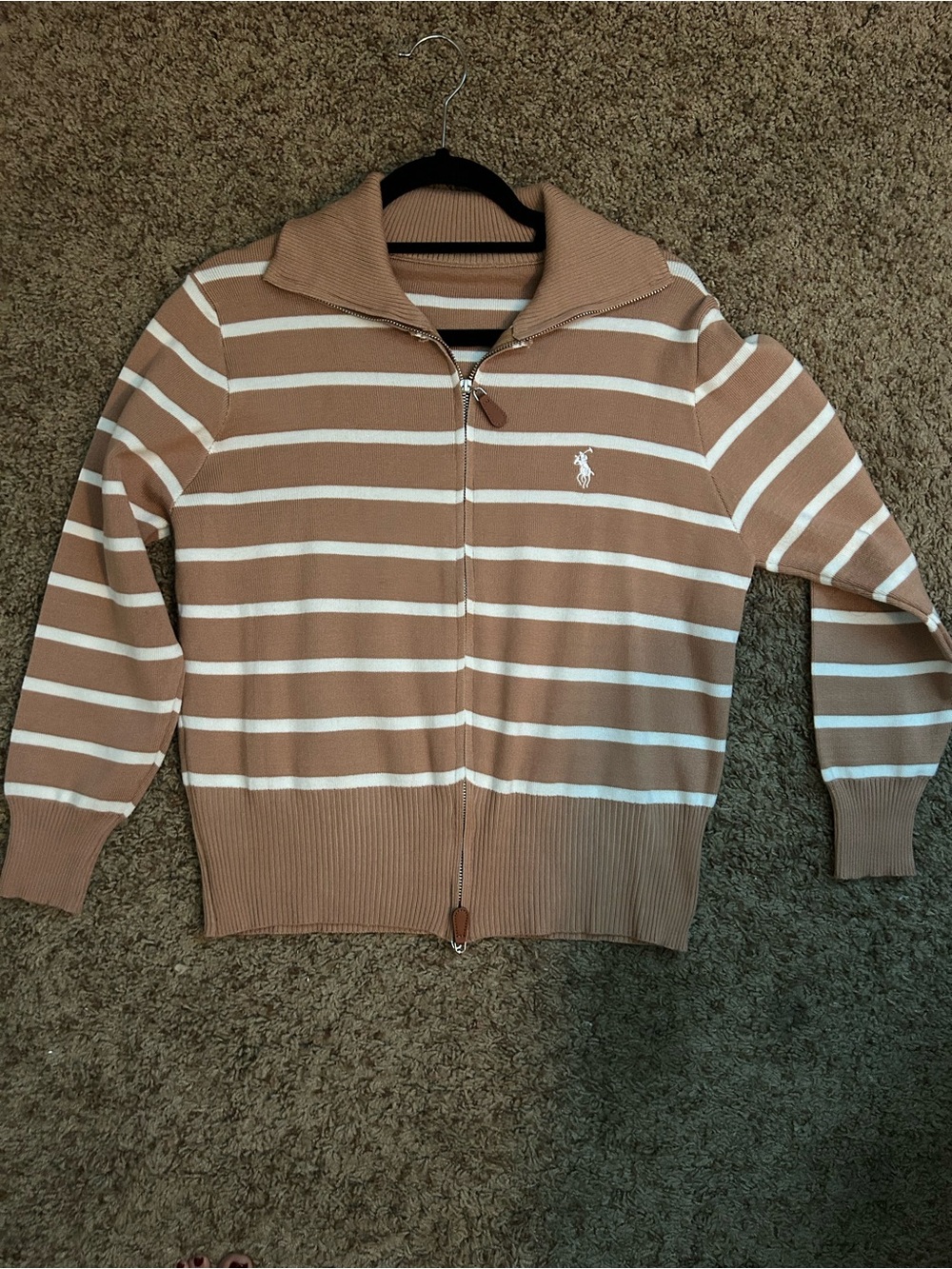 Striped Zip-Front Sweater in Tan and White - Classic Polo Style